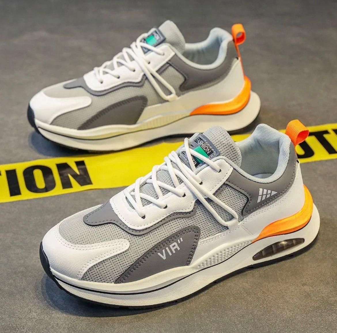 Men’s Stylish Lightweight Casual Sneakers – Grey & White with Orange Detailing