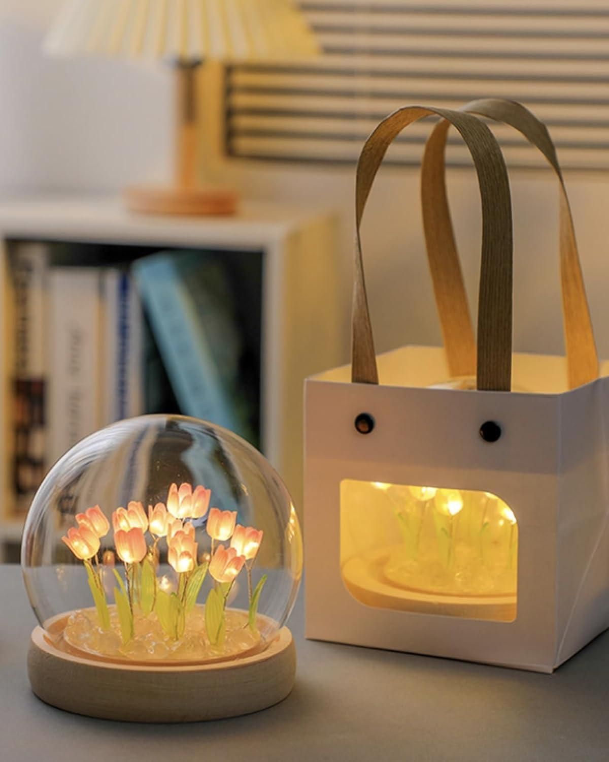 Tulip LED Night Lamp with Wooden Base and Glass Dome – Decorative Flower Light for Home, Bedroom & Gifting”