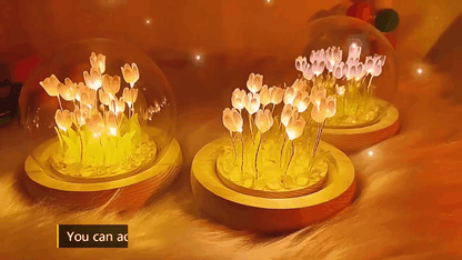 Tulip LED Night Lamp with Wooden Base and Glass Dome – Decorative Flower Light for Home, Bedroom & Gifting”