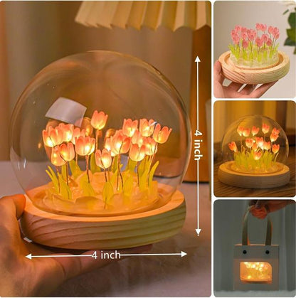 Tulip LED Night Lamp with Wooden Base and Glass Dome – Decorative Flower Light for Home, Bedroom & Gifting”