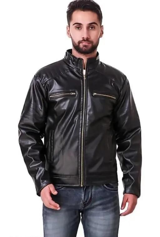 Men's Solid Rexine Leather Black Jacket