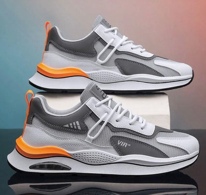 Men’s Stylish Lightweight Casual Sneakers – Grey & White with Orange Detailing