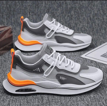 Men’s Stylish Lightweight Casual Sneakers – Grey & White with Orange Detailing