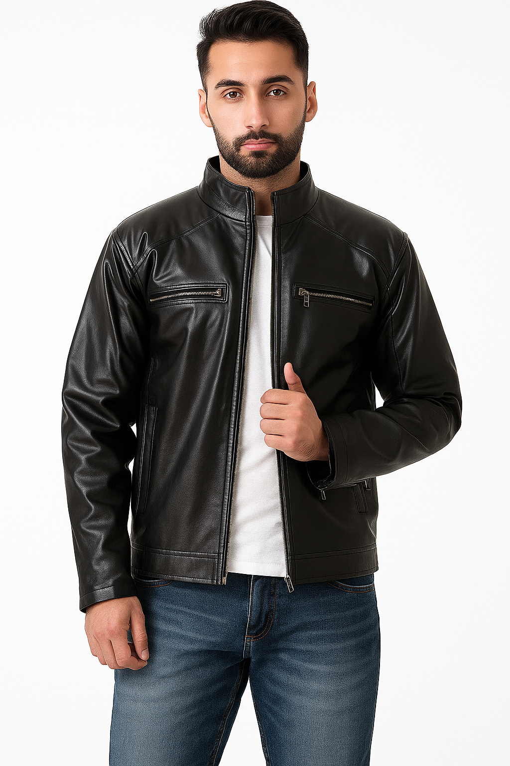 Men's Solid Rexine Leather Black Jacket