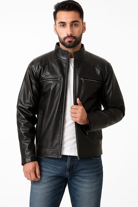 Men's Solid Rexine Leather Black Jacket
